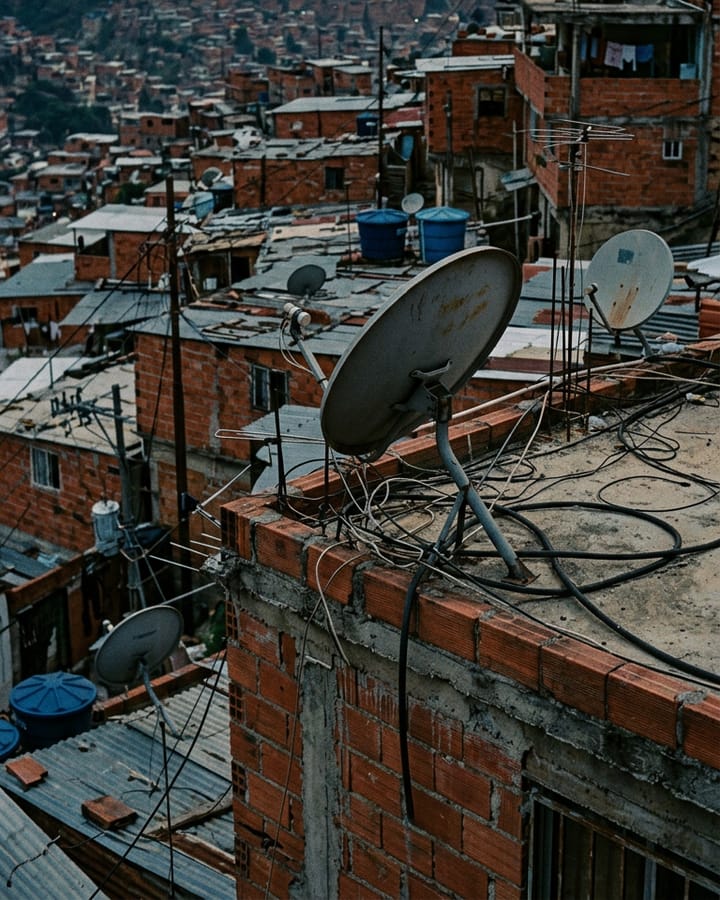 Satellitenschüsseln auf den Dächern eines Viertels in Caracas in der Abenddämmerung.