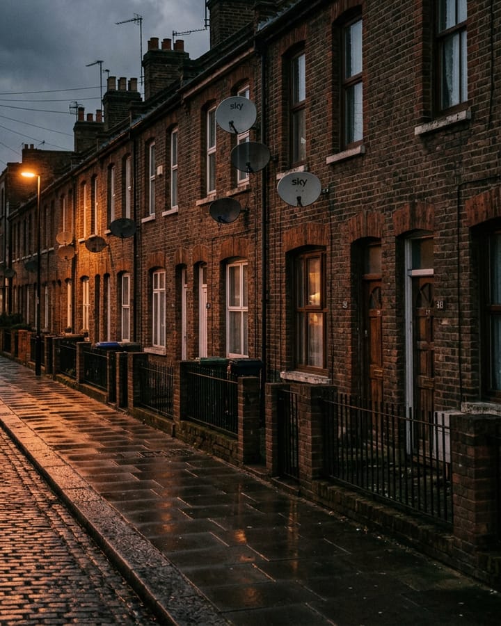 Satellitenschüsseln an Londoner Reihenhäusern in der Dämmerung.